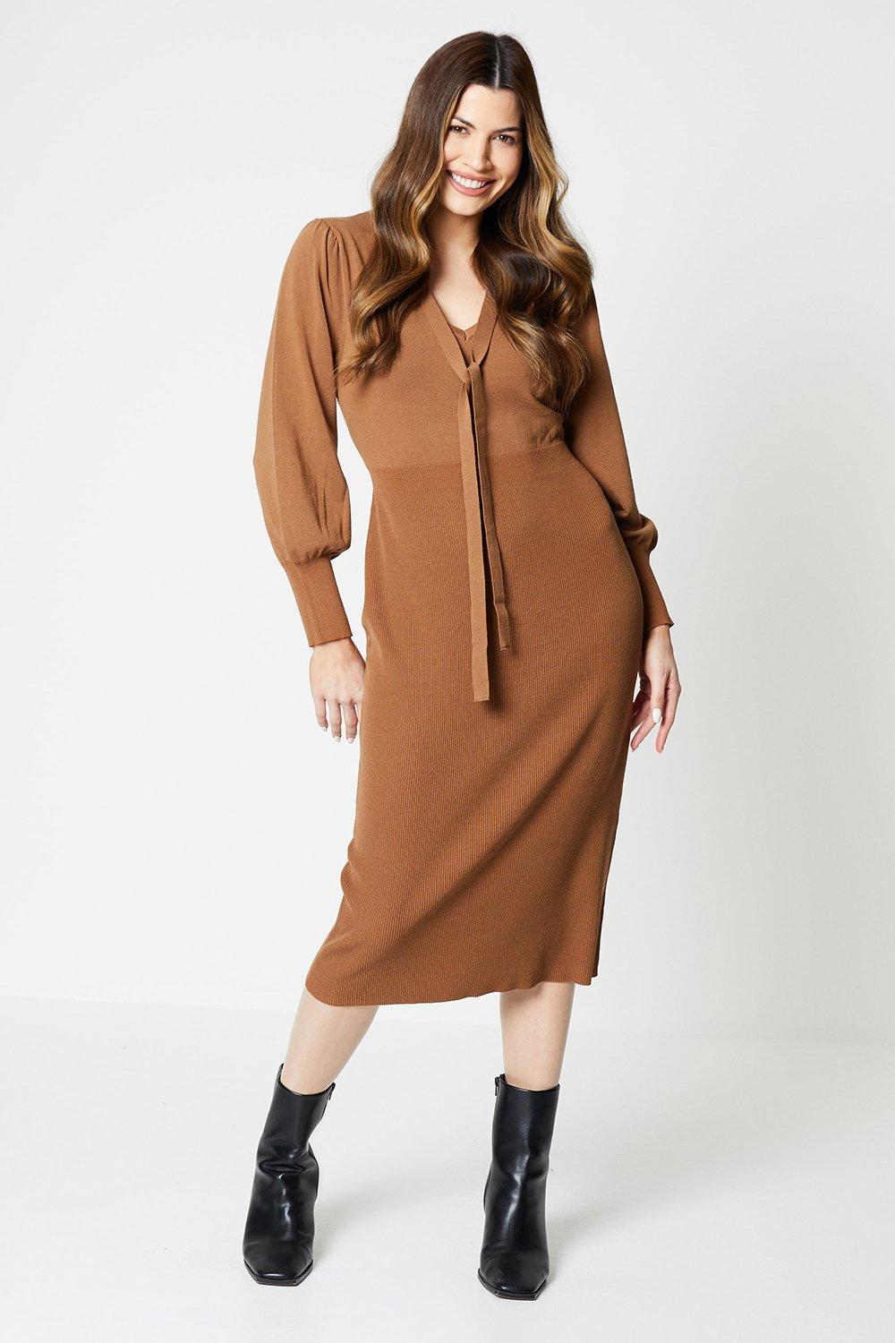 Womens Blouson Sleeve Knitted Midi Dress With Neck Tie