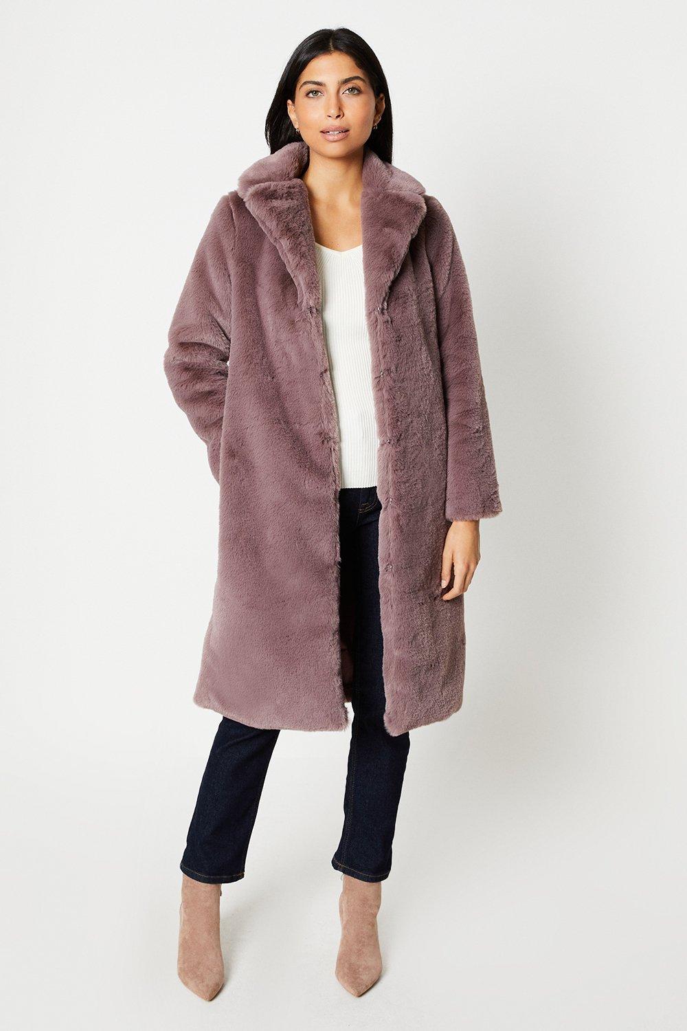 Navy Petite Faux Fur Collar Longline Coat