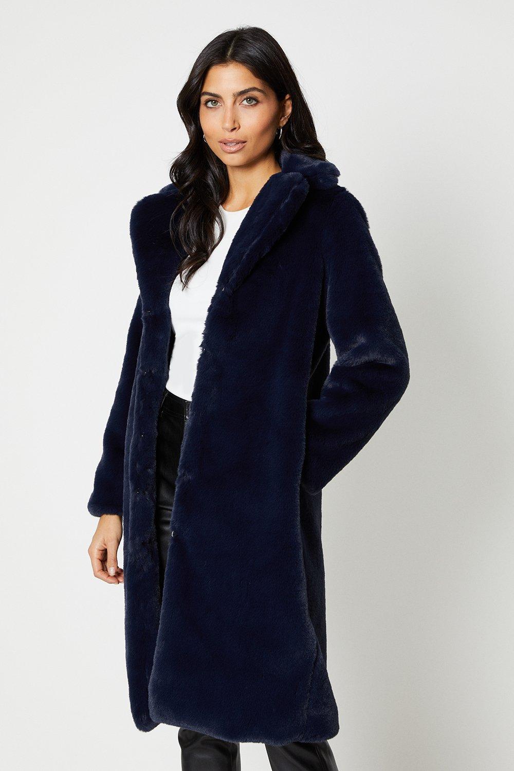 Womens Plush Faux Fur Open Collar Longline Coat