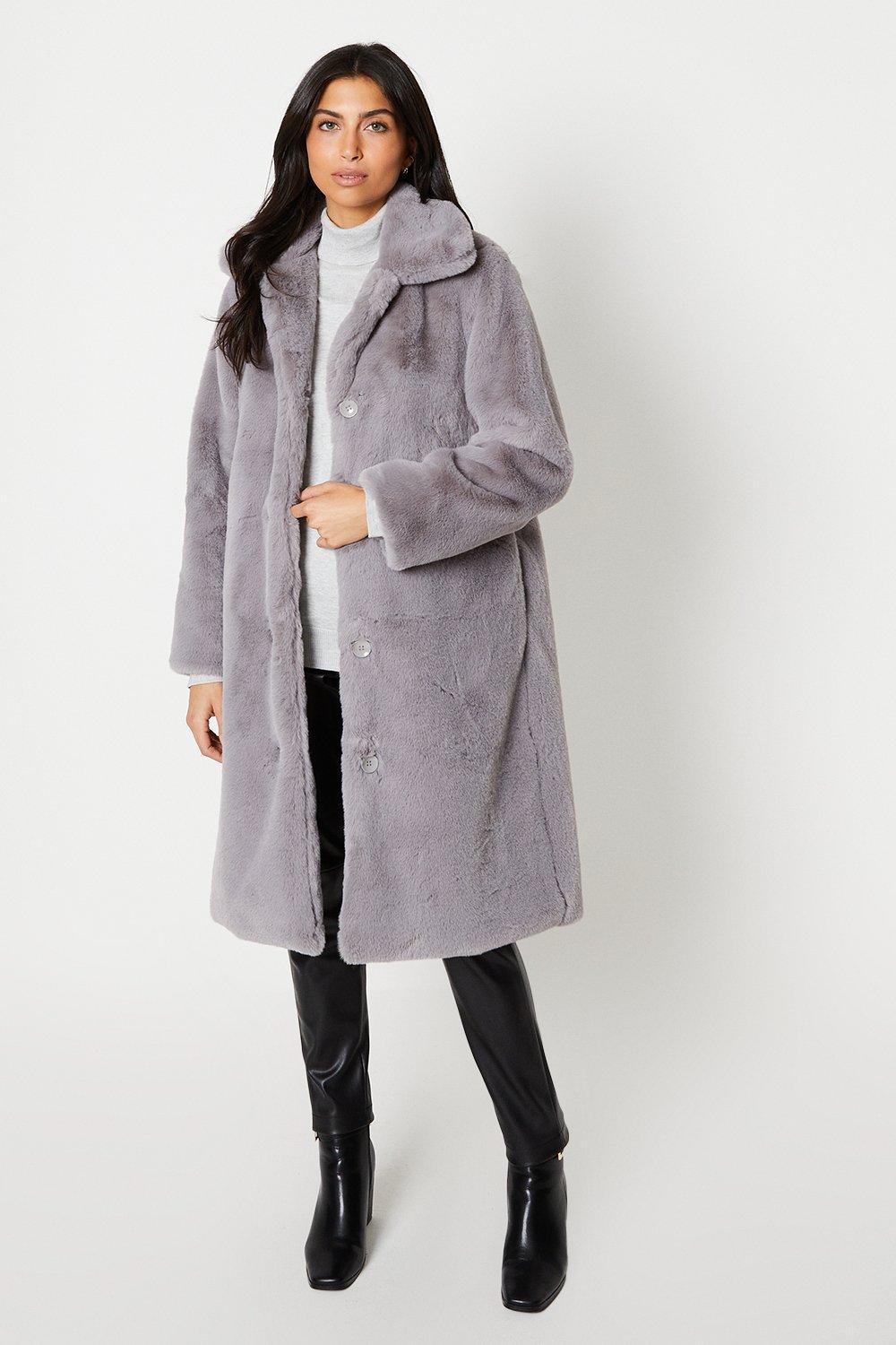 Womens Plush Faux Fur Button Thru Longline Coat