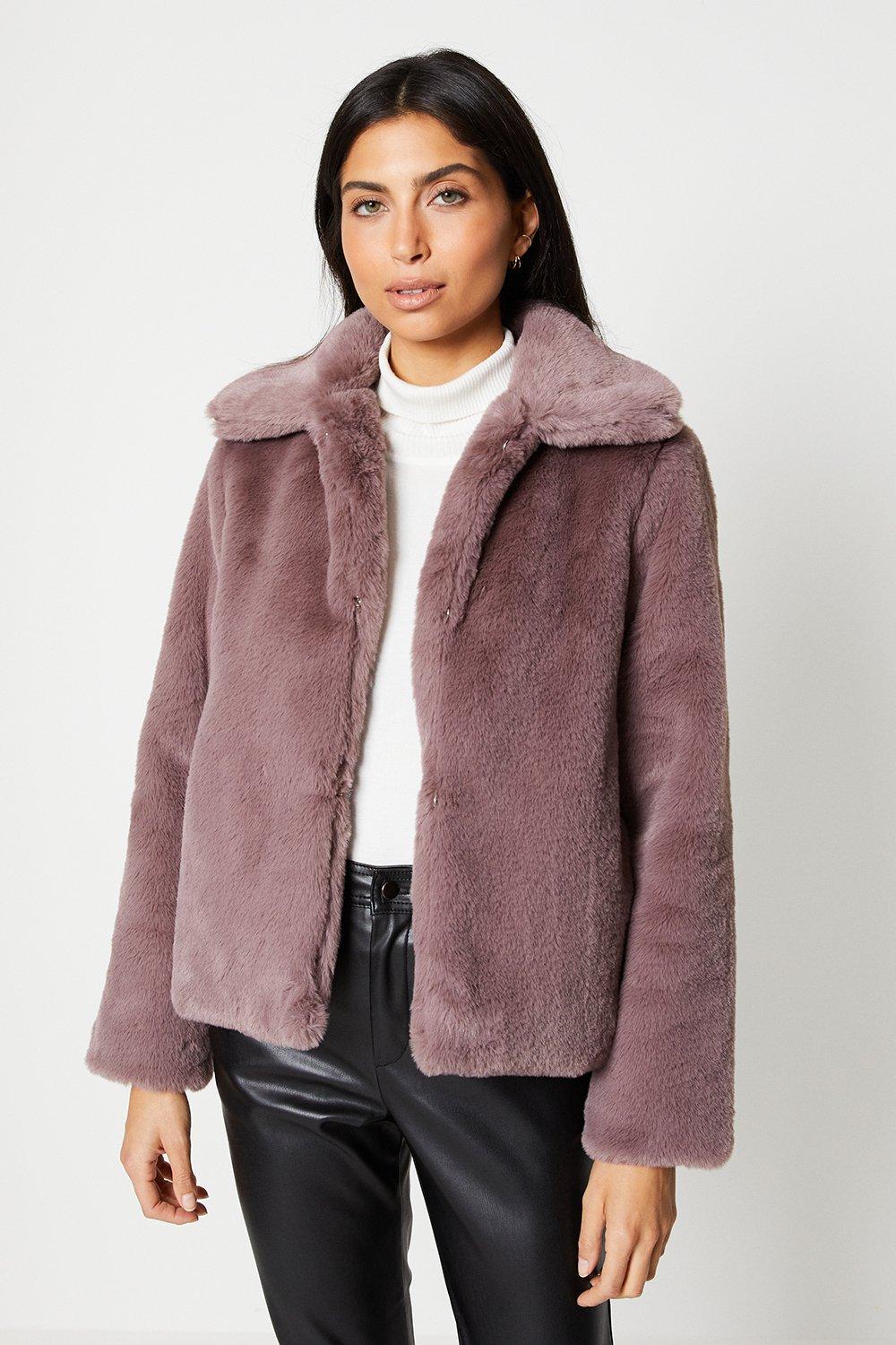 Womens Plush Faux Fur Short Collared Coat