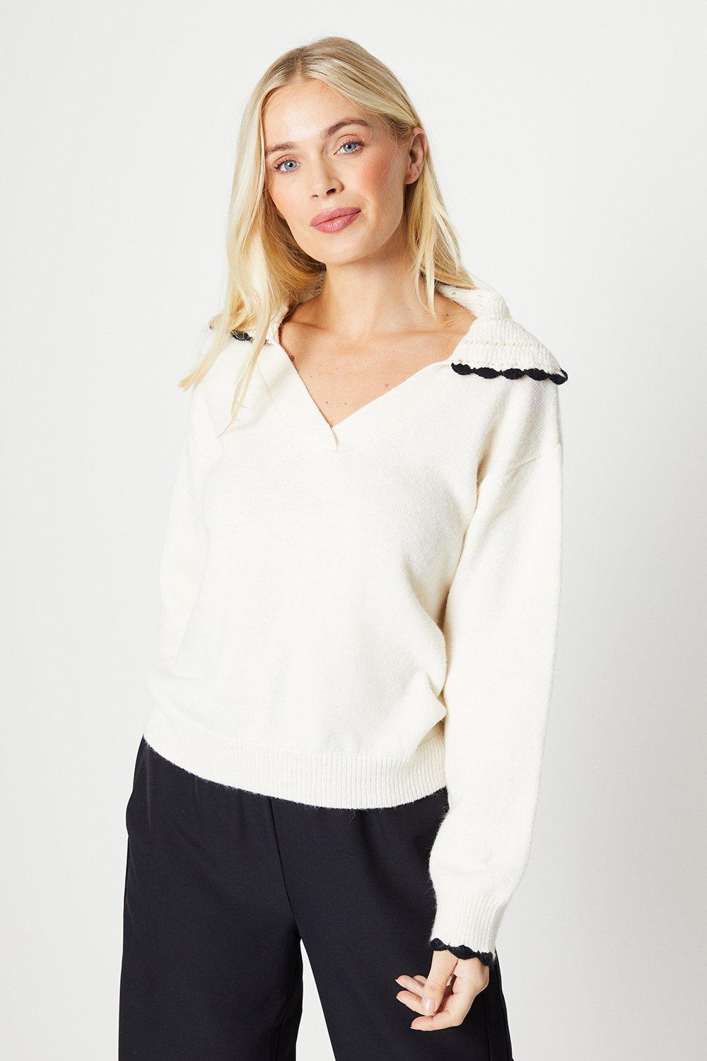 Womens Petite Pointelle Collar Sweater