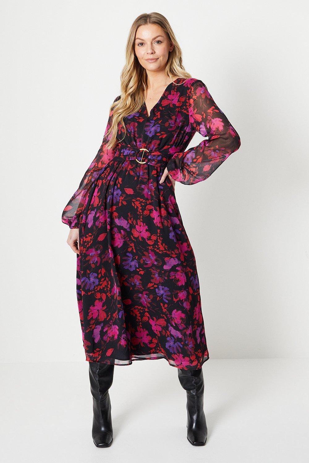 Womens Tall Floral Belted Midi Dress