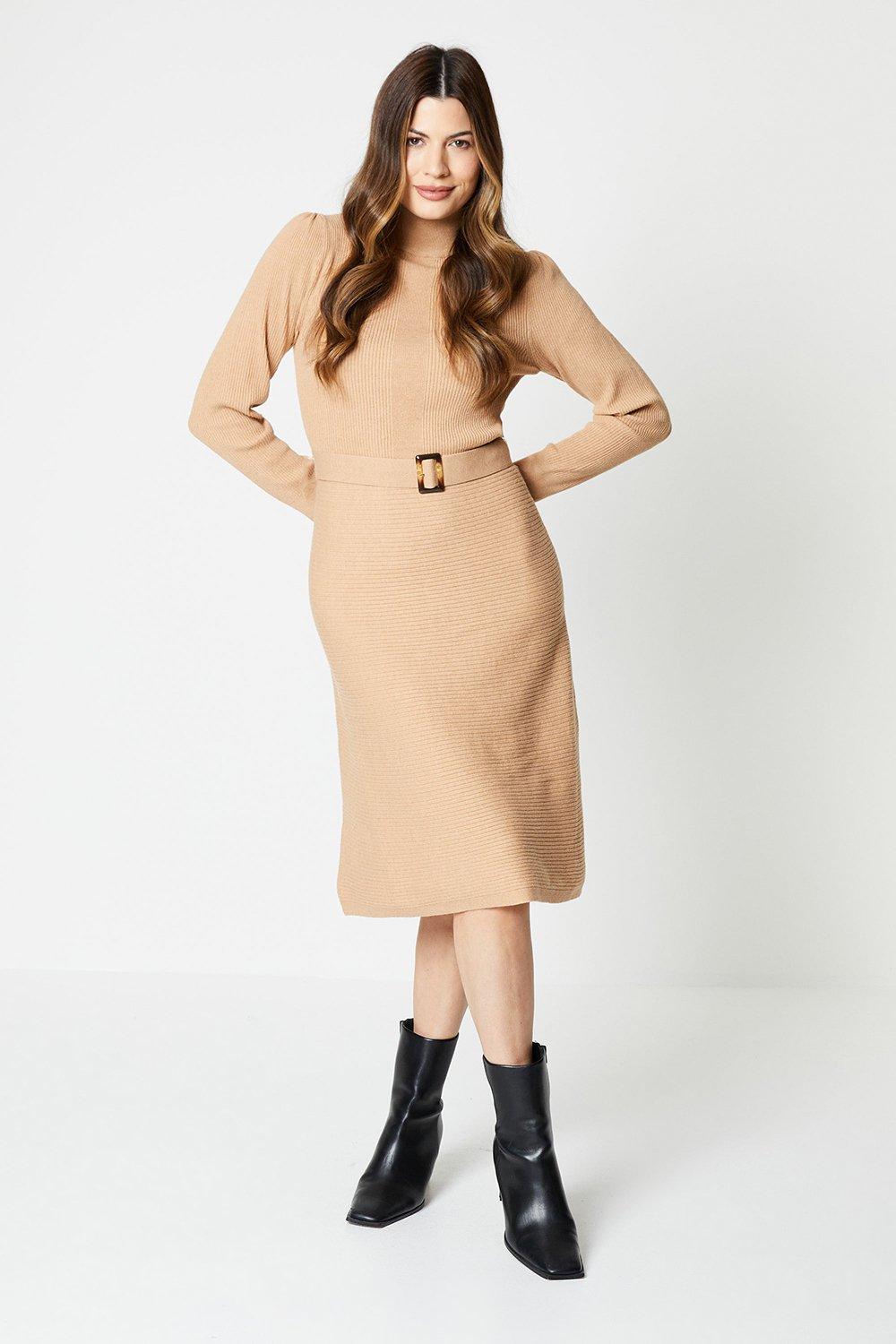 Womens Rib Detail High Neck Belted Knitted Dress