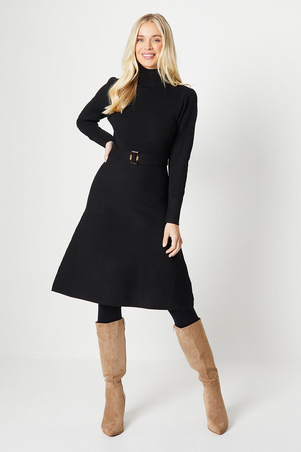 Womens Petite Rib Detail High Neck Belted Knitted Dress