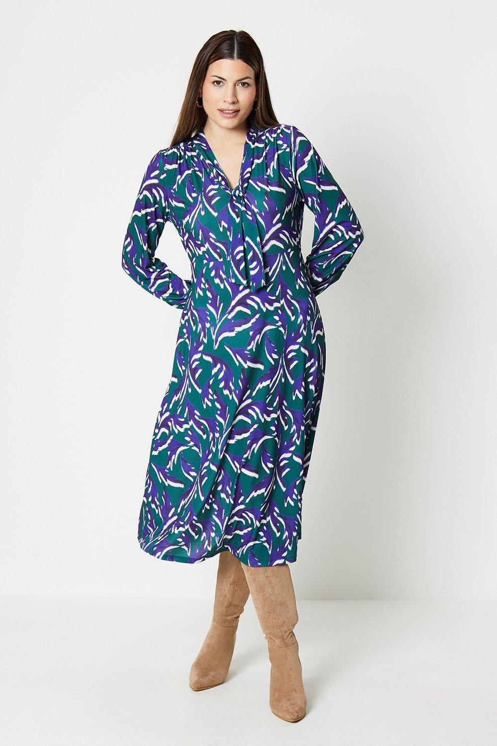 Womens Jersey Abstract Geo Print Tie Neck Midi Dress