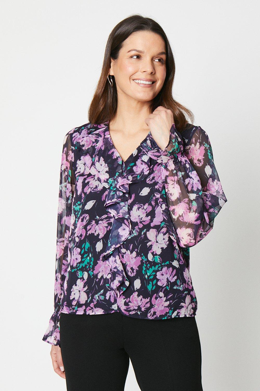 Womens Petite Floral Frill Front Blouse
