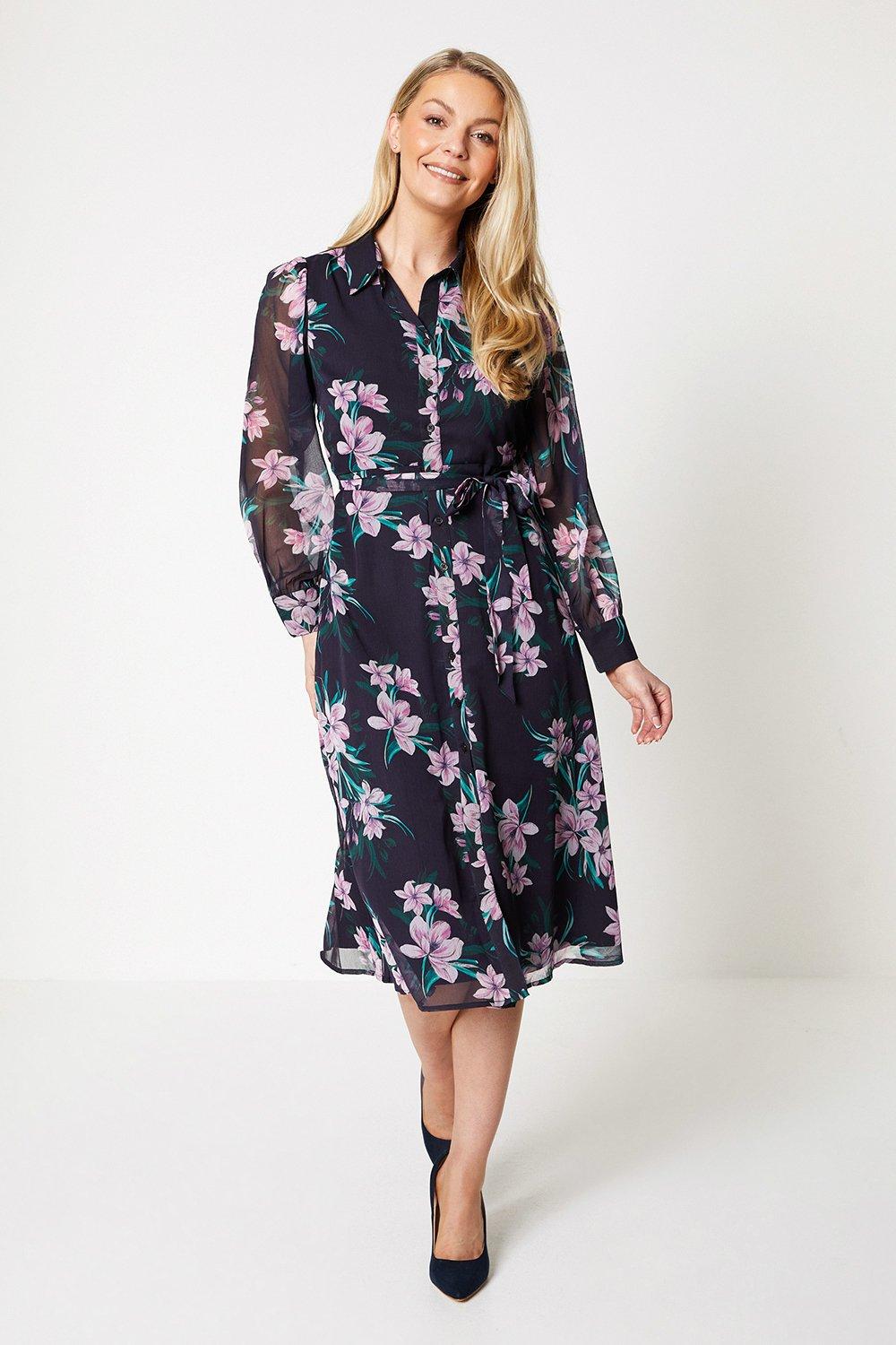 Womens Petite Floral Belted Shirt Midi Dress