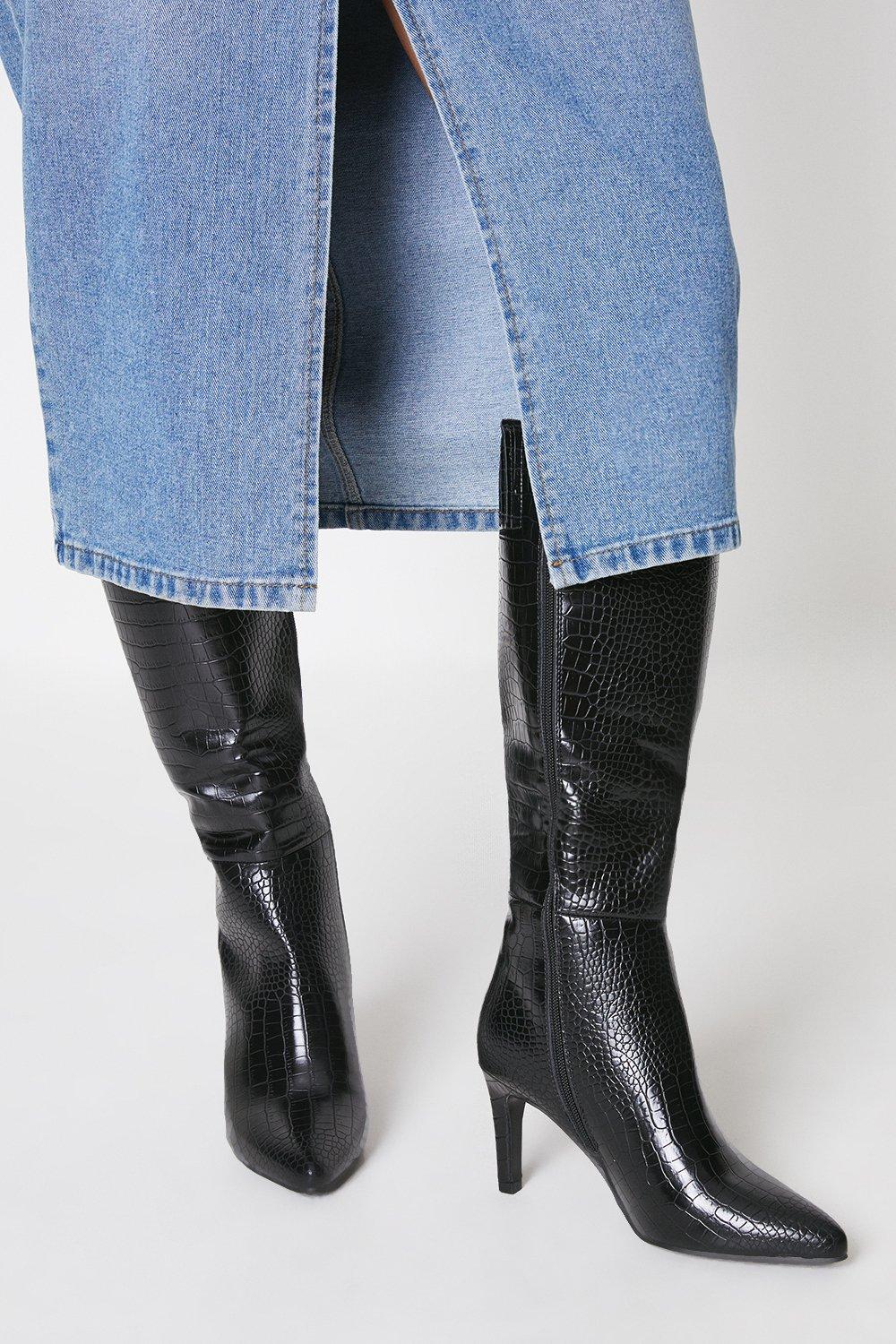 Womens Hollanda Croc Print Stiletto Heel Pointed Knee High Boots