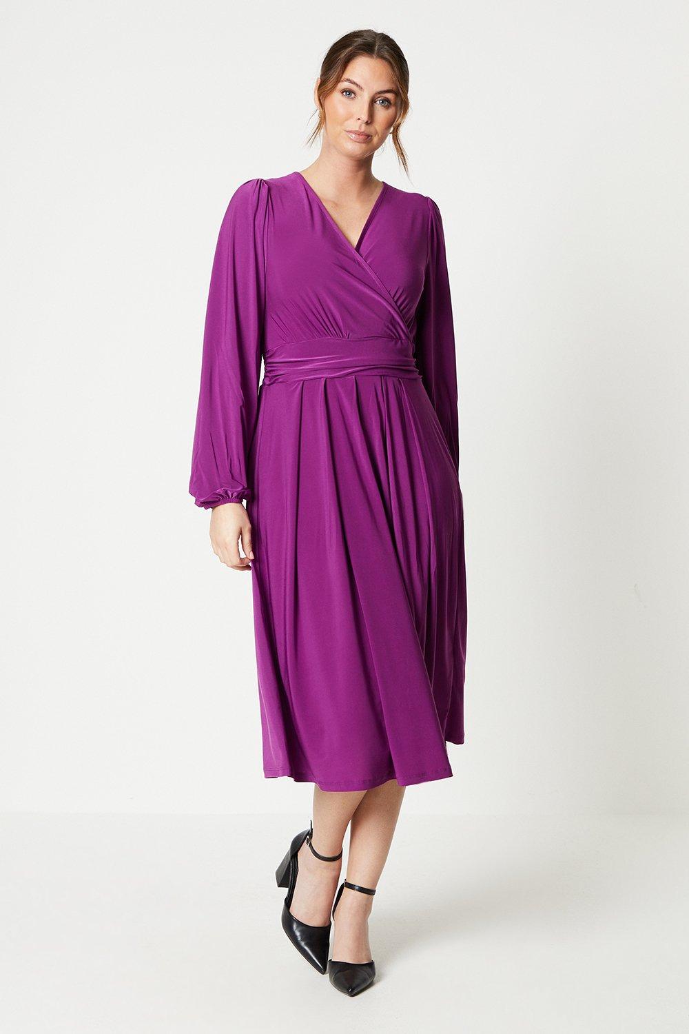Womens Jersey Wrap Long Sleeve Pleated Midi Dress