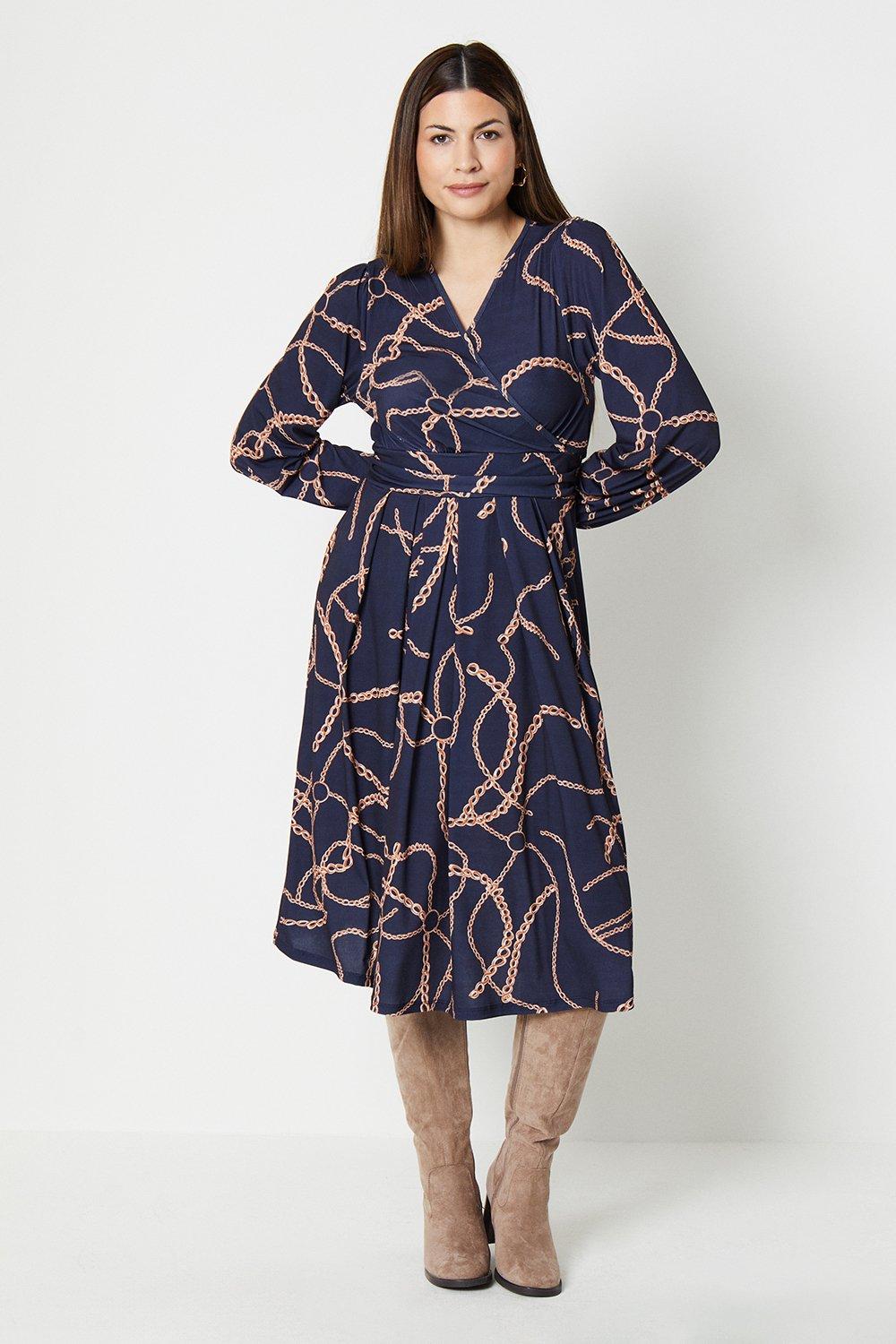 Womens Jersey Wrap Long Sleeve Pleated Midi Dress