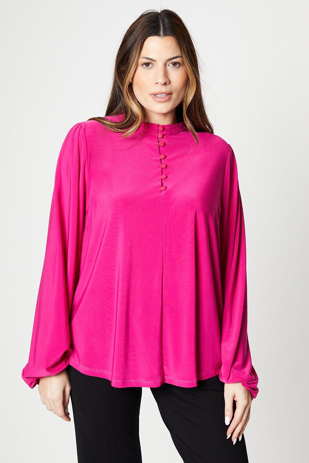 Womens Tall Covered Button Blouson Sleeve Top