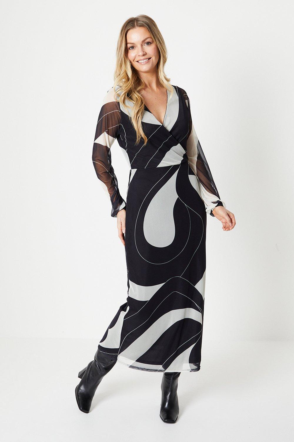 Womens Tall Mono Geo Mesh Wrap Midi Dress