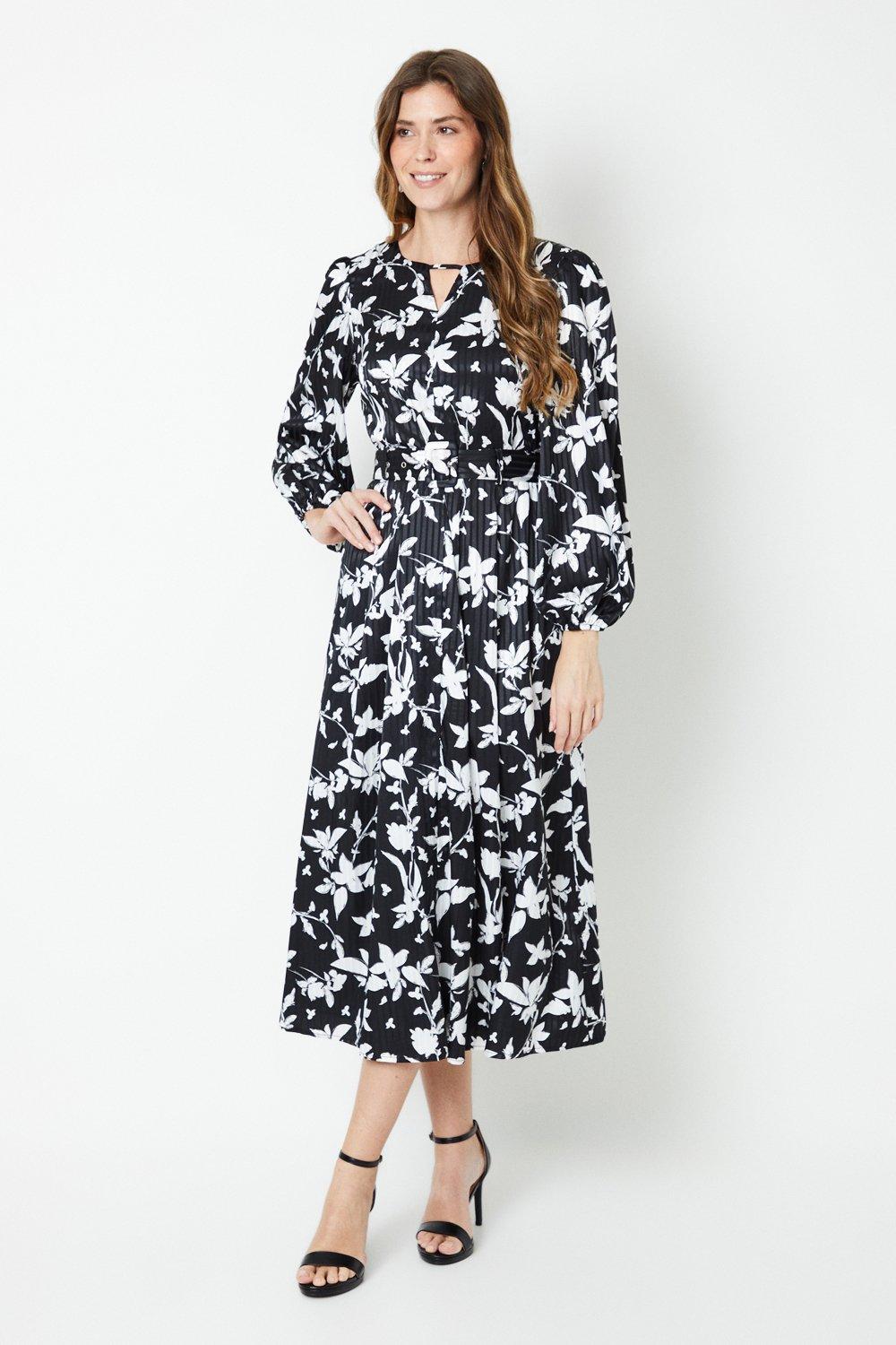 Womens Mono Floral Pleat Detail Belted Midaxi Dress