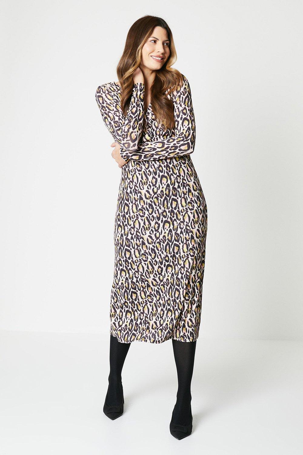 Womens Animal Print Jersey Ruched Midi Dress