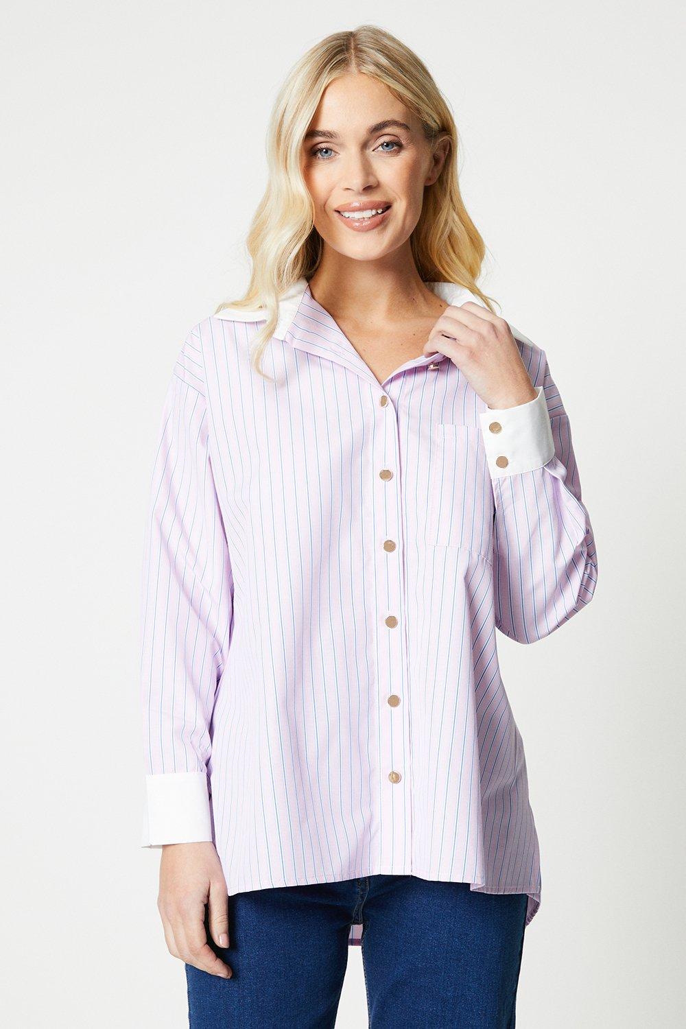Womens Petite Stripe Contrast Collar Relaxed Shirt