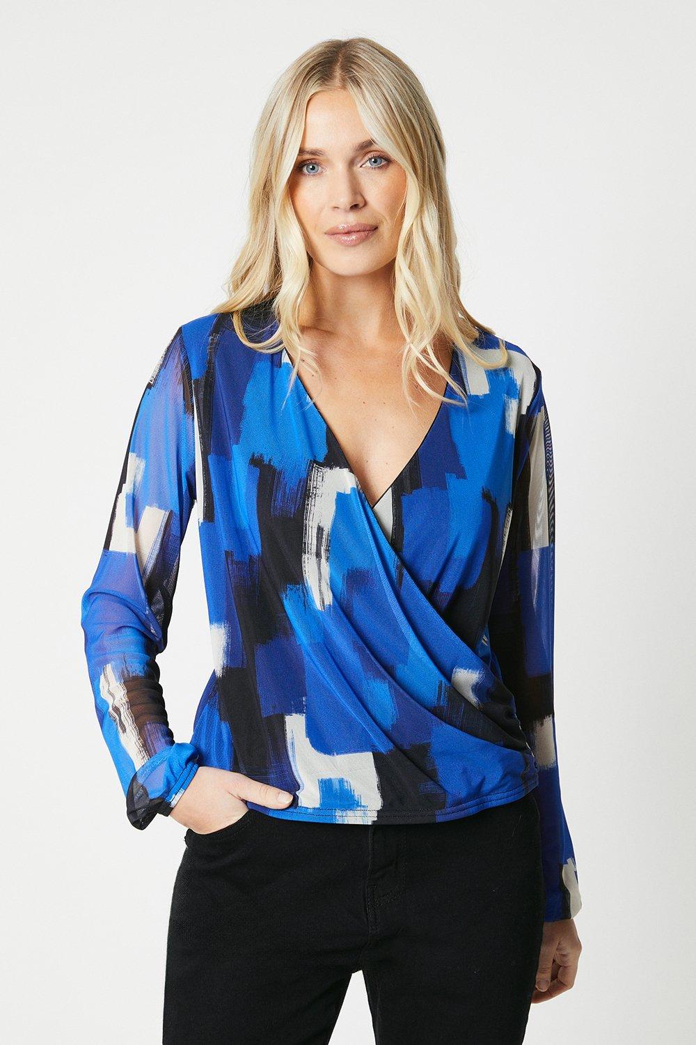 Womens Petite Abstract Wrap Top