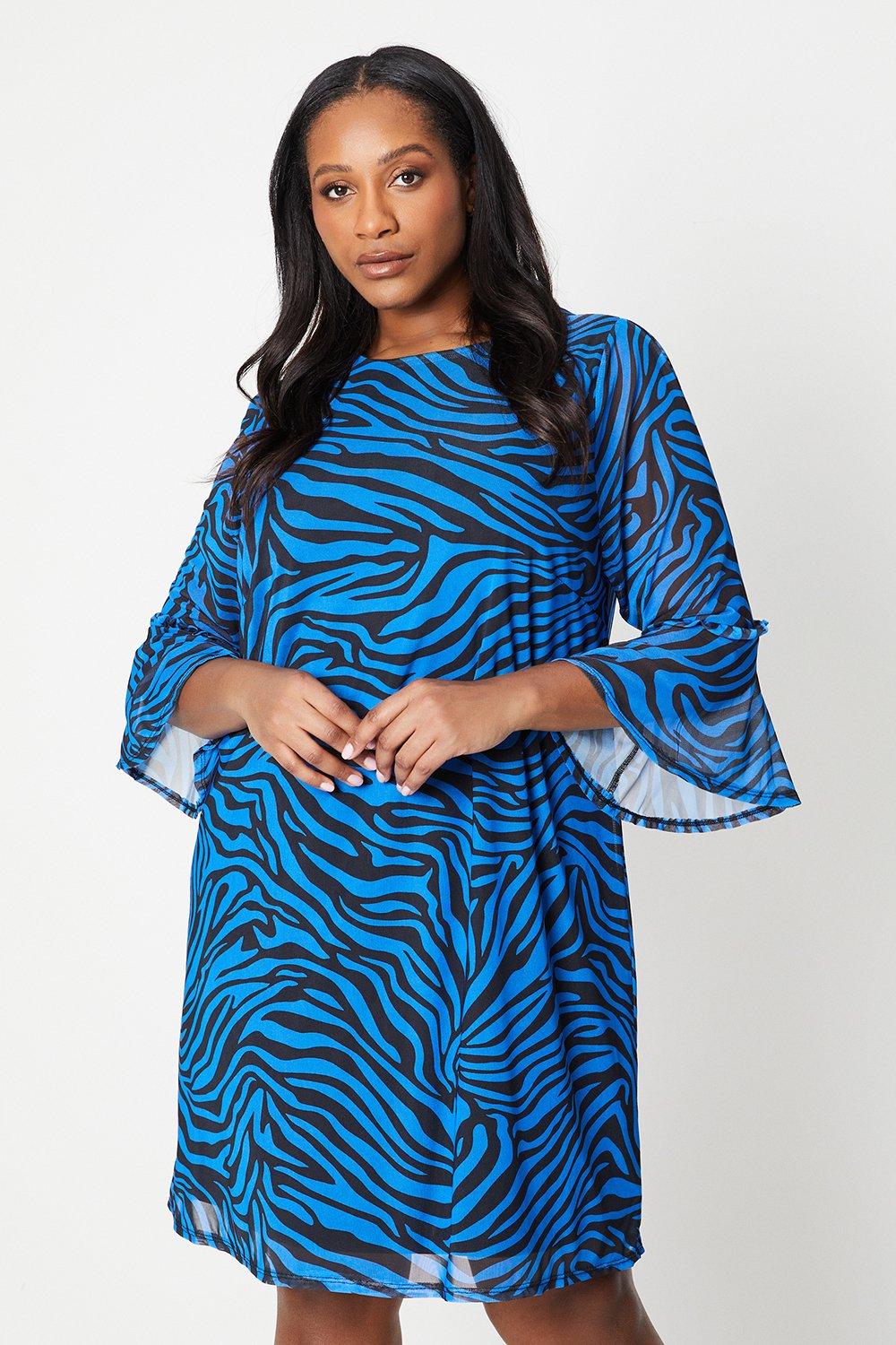 Womens Curve Print Mesh Flutter Tunic Dress