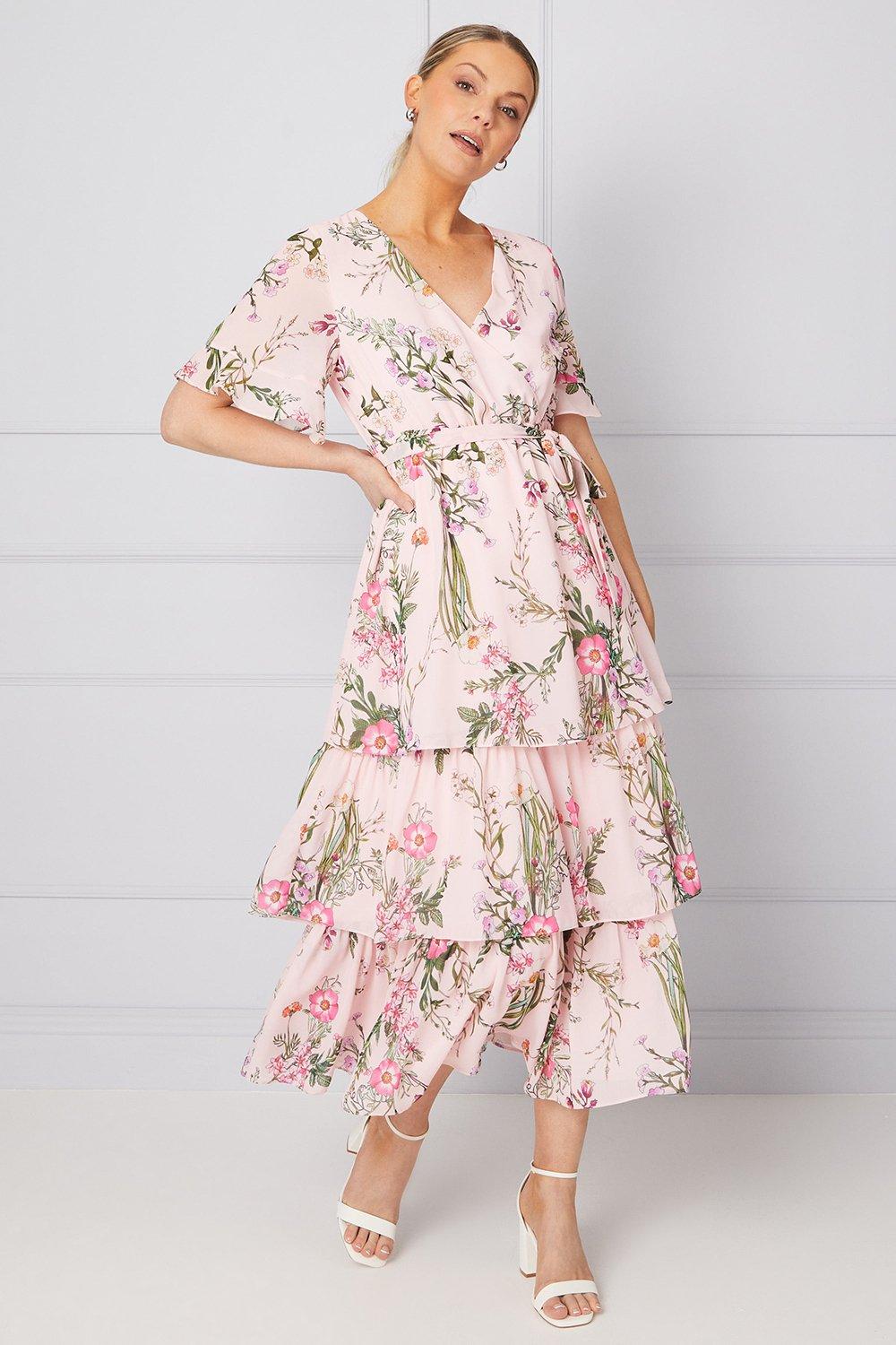 Womens Floral Print Ruffle Midi Dress