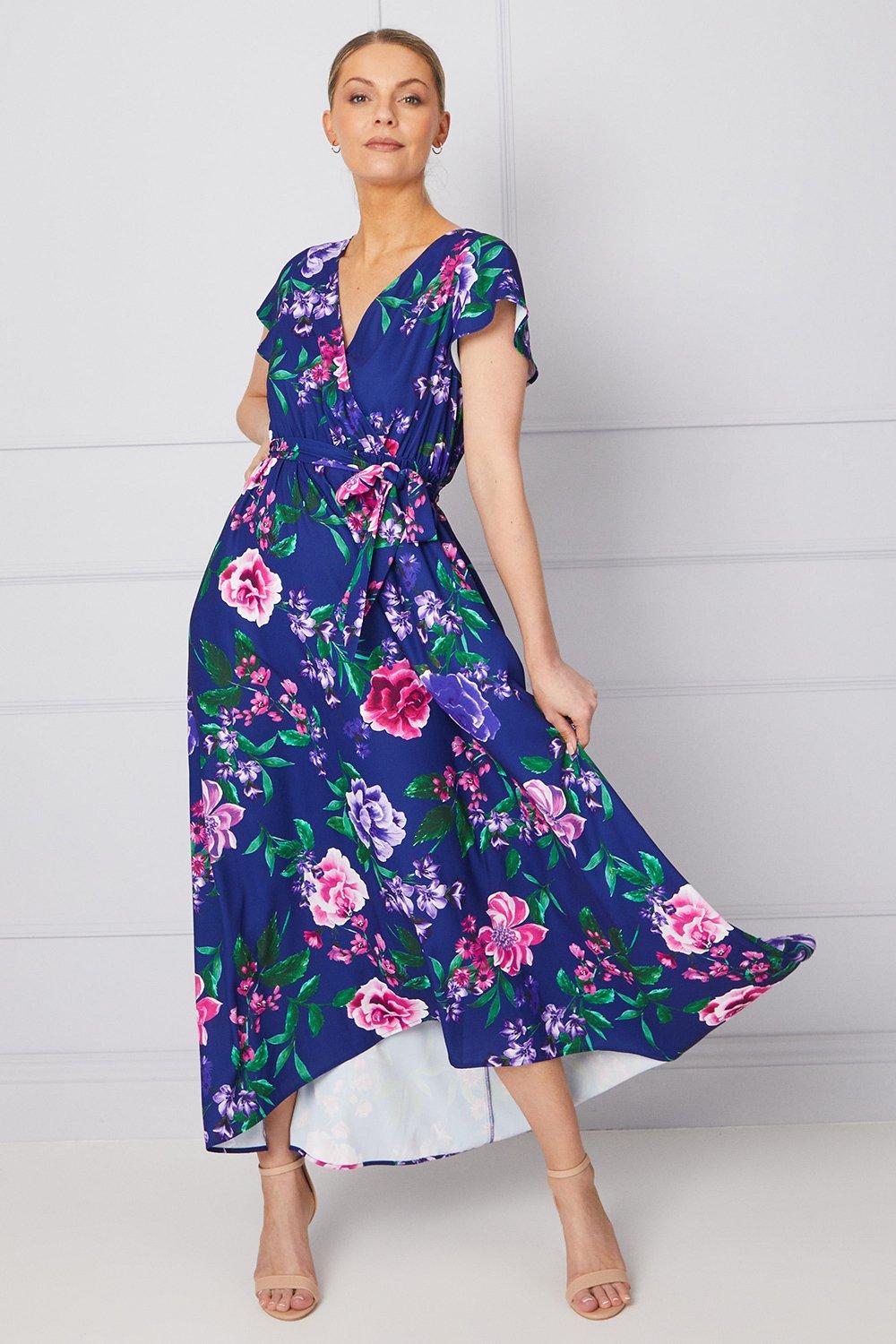 Womens Occasion Floral Wrap Angel Sleeve Midi Dress