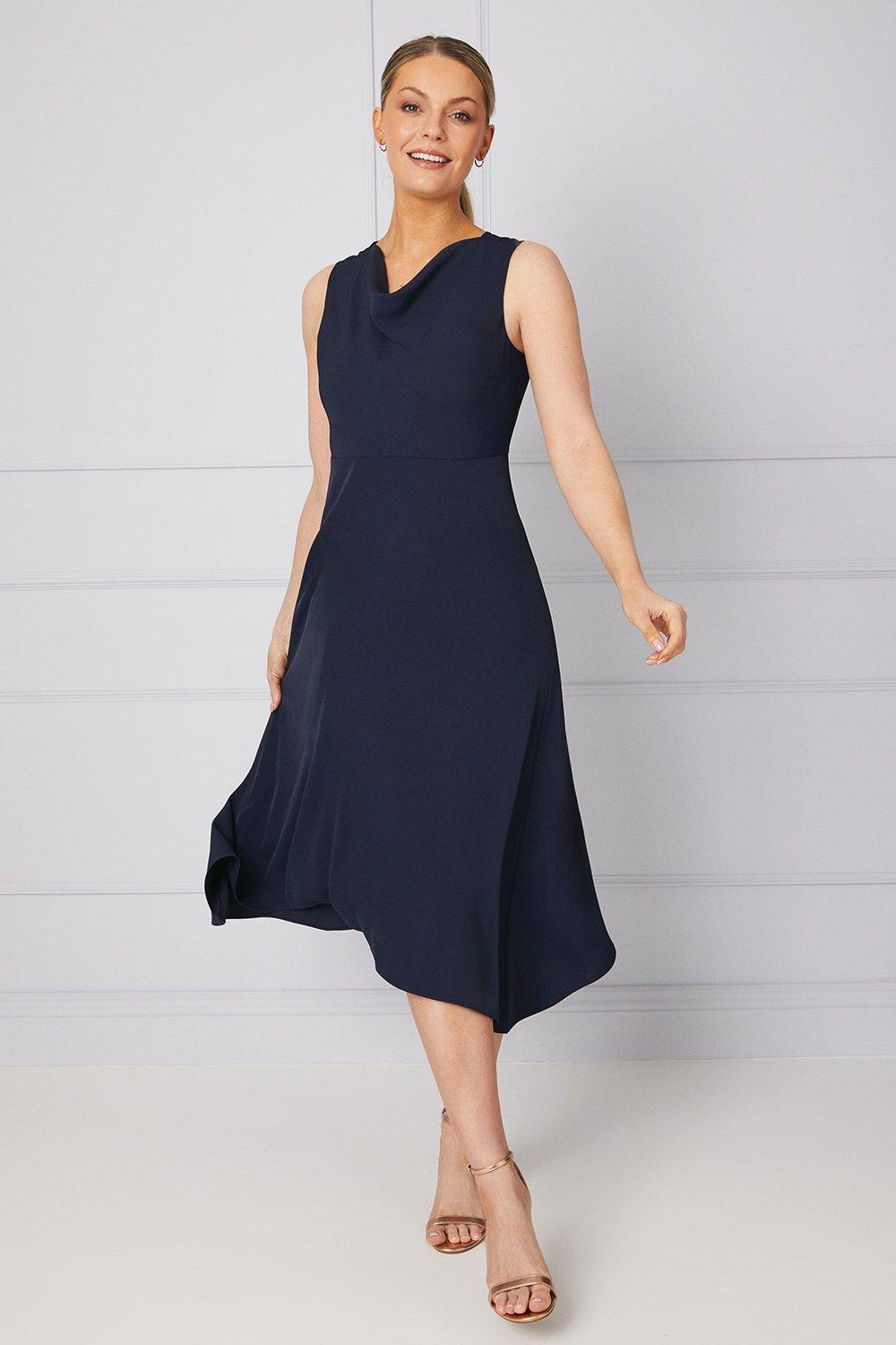 Womens Tailored Cowl Neck High Low Midi Dress