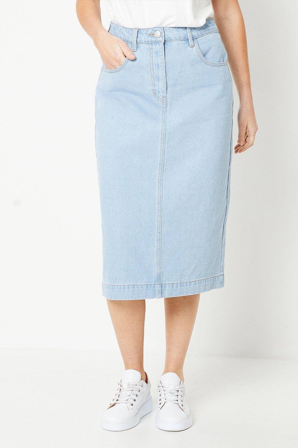 Womens Petite Denim Midi Skirt