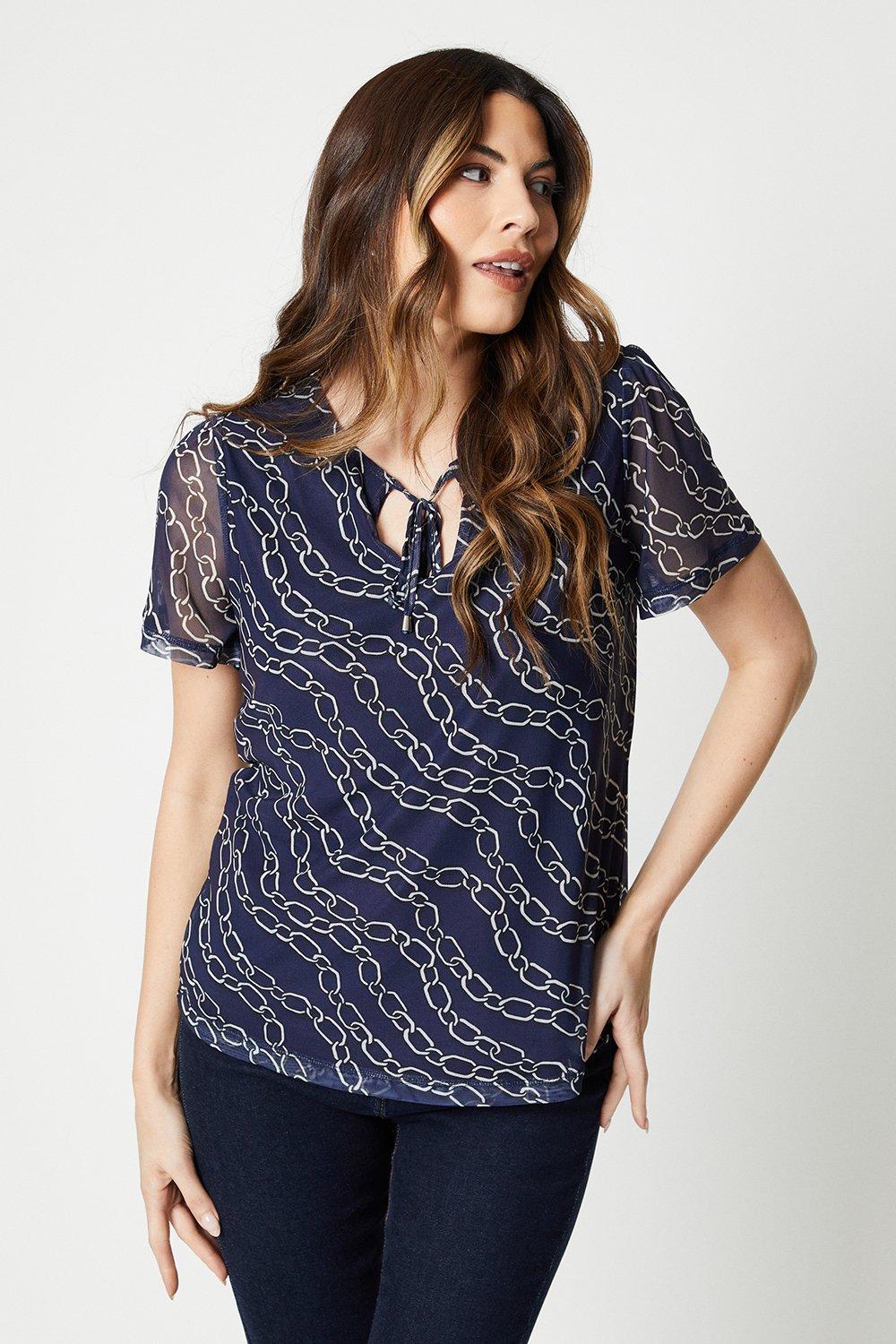 Womens Chain Print Mesh Tie Front Top