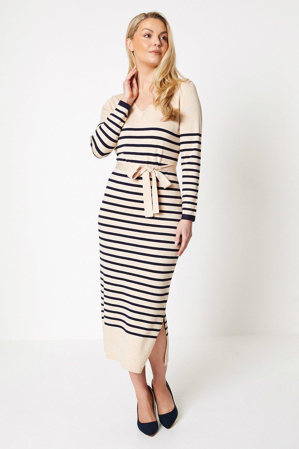 Womens Stripe Belted Knitted Dress