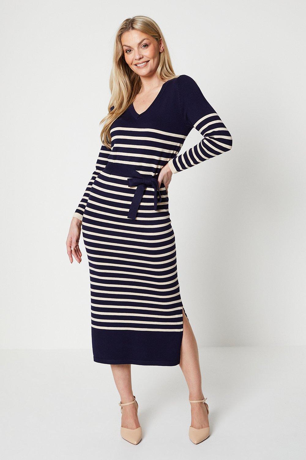 Womens Stripe Belted Knitted Dress