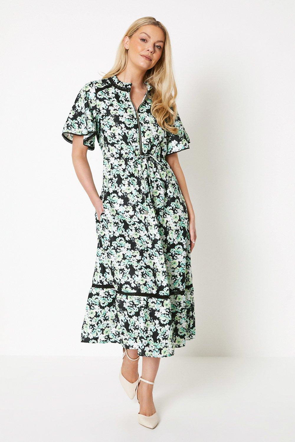 Womens Floral Print Flutter Sleeve Zip Midi Shirt Dress