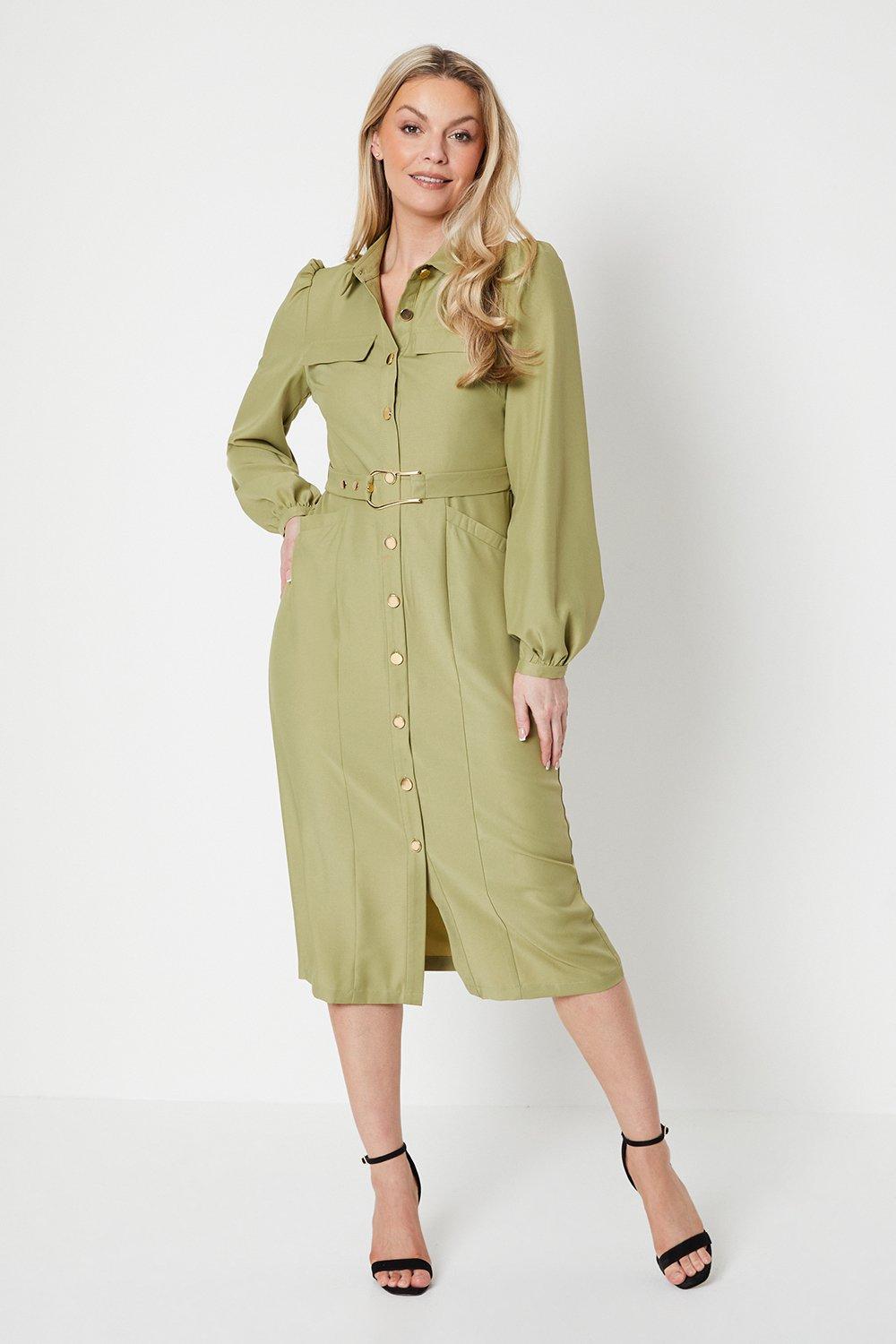 Womens Heavy Crepe D-ring Belted Shirt Dress
