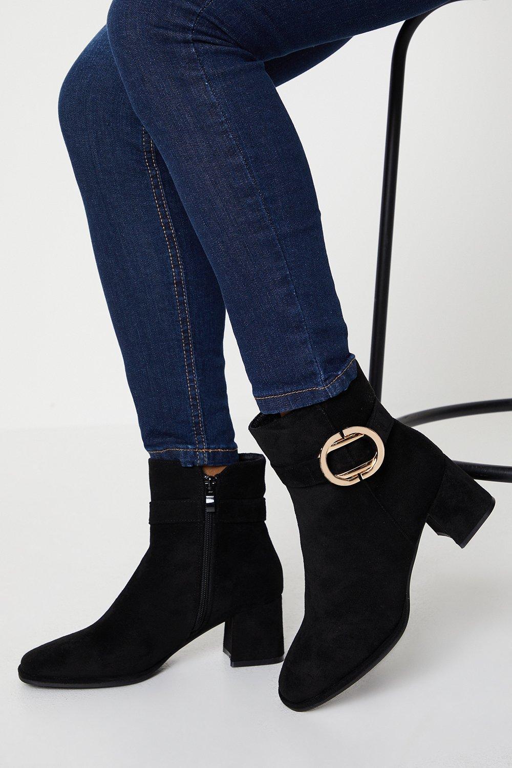 Womens Amna Buckle Detail Low Block Heeled Ankle Boots