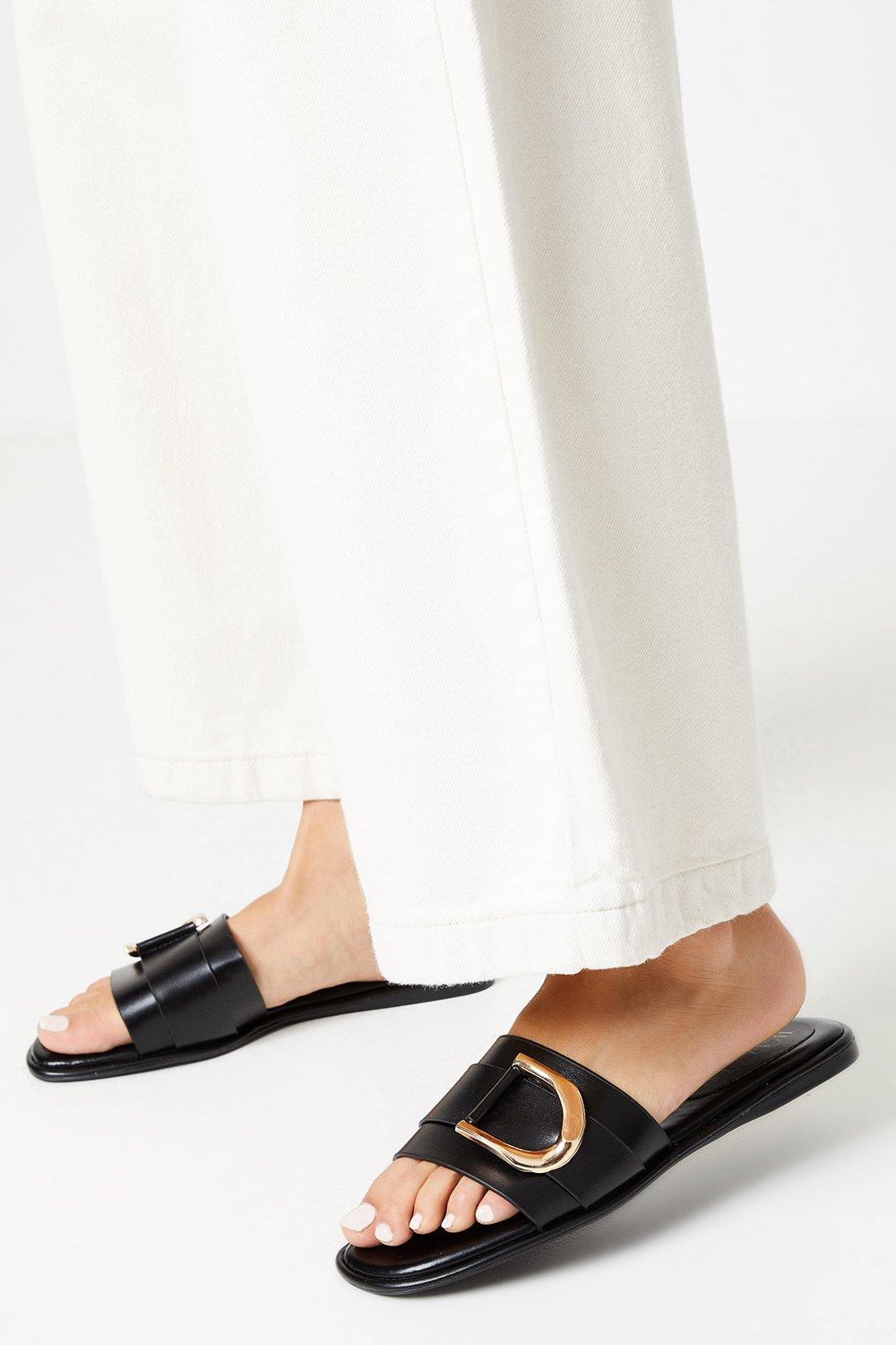 Sandals | Juliette Comfort Gold Trim Detail Flat Mule Sandals | Wallis