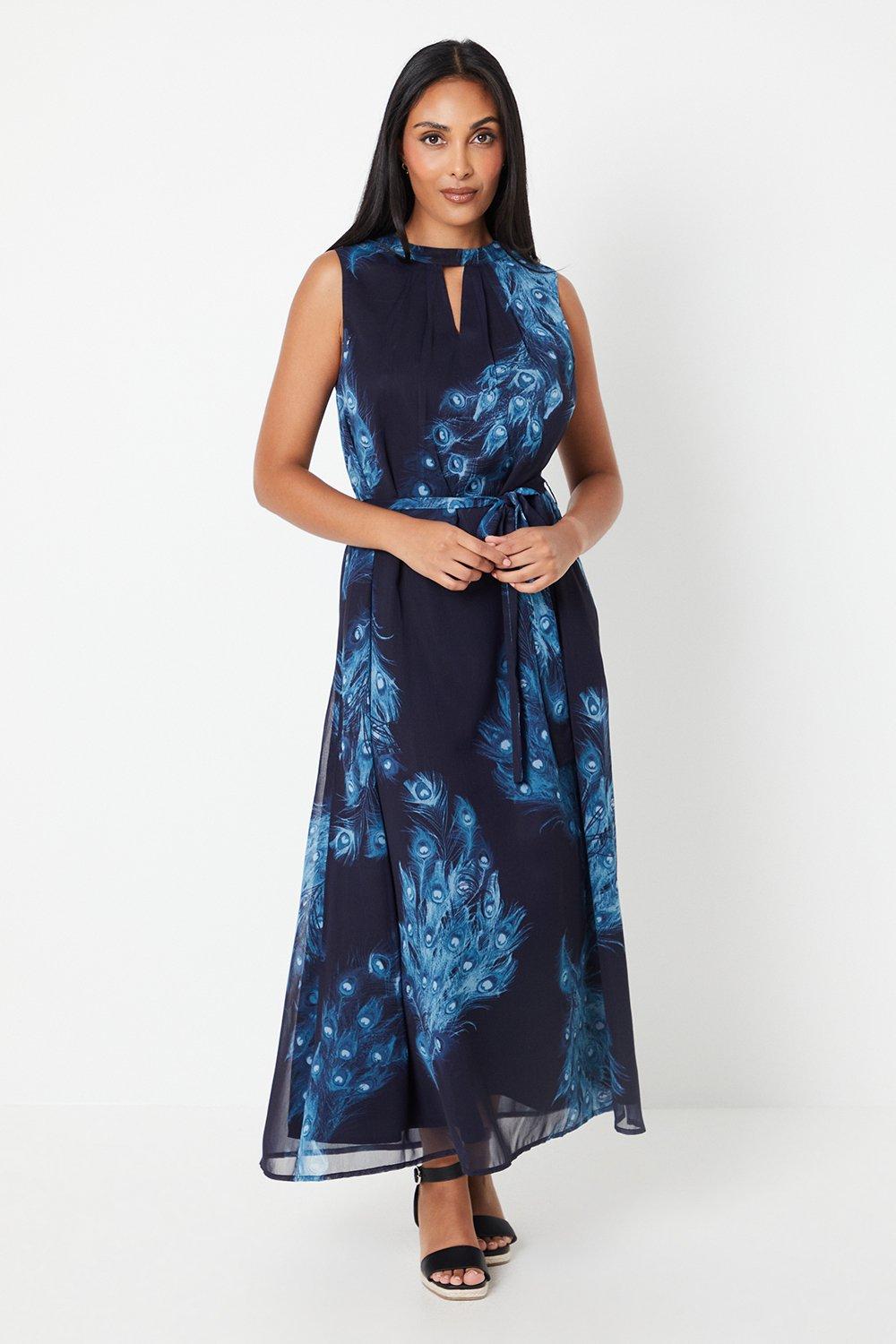 Dresses | Petite Navy Peacock Tie Waist Maxi Dress | Wallis