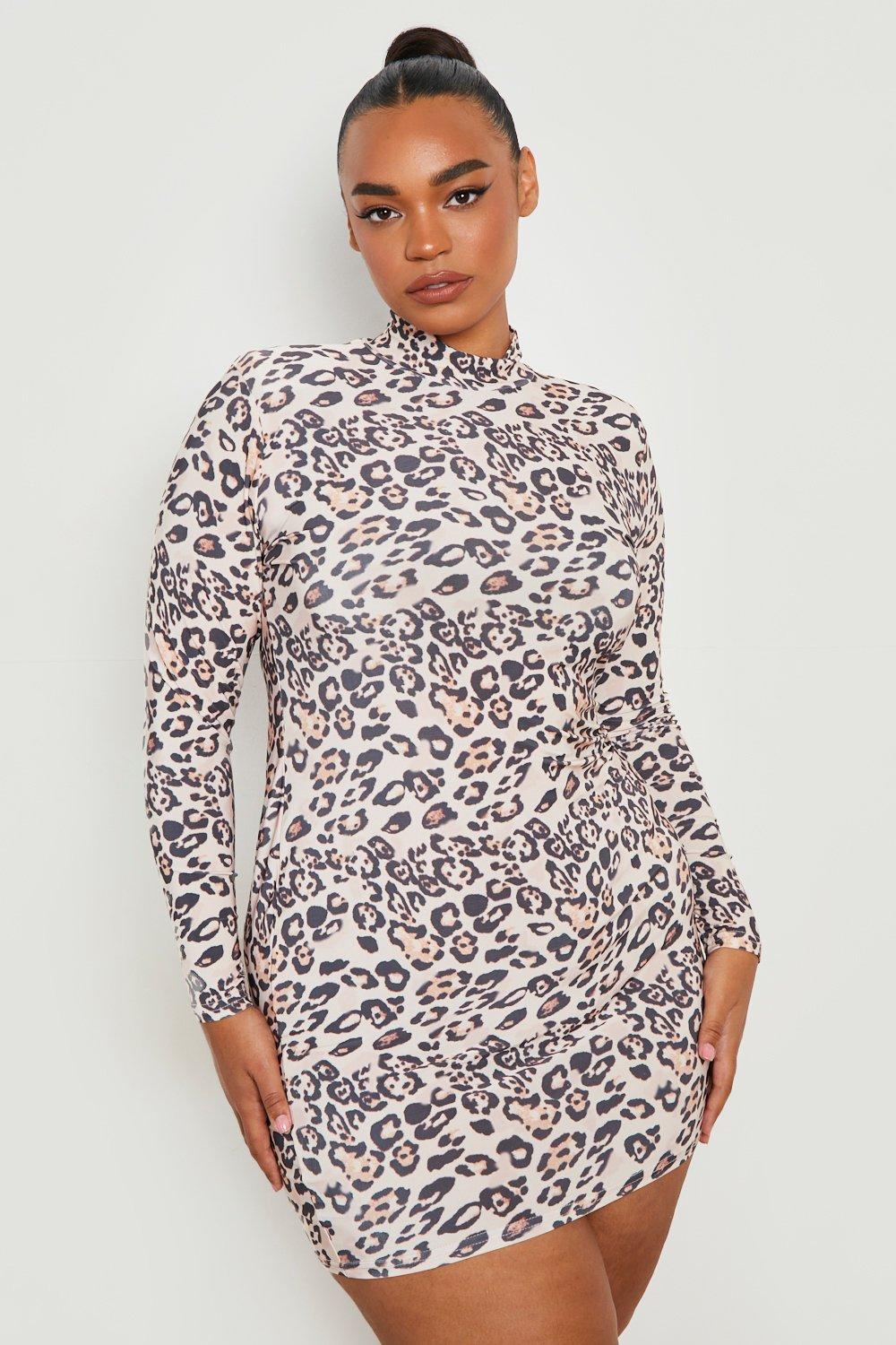 Leopard print long 2025 sleeve bodycon dress