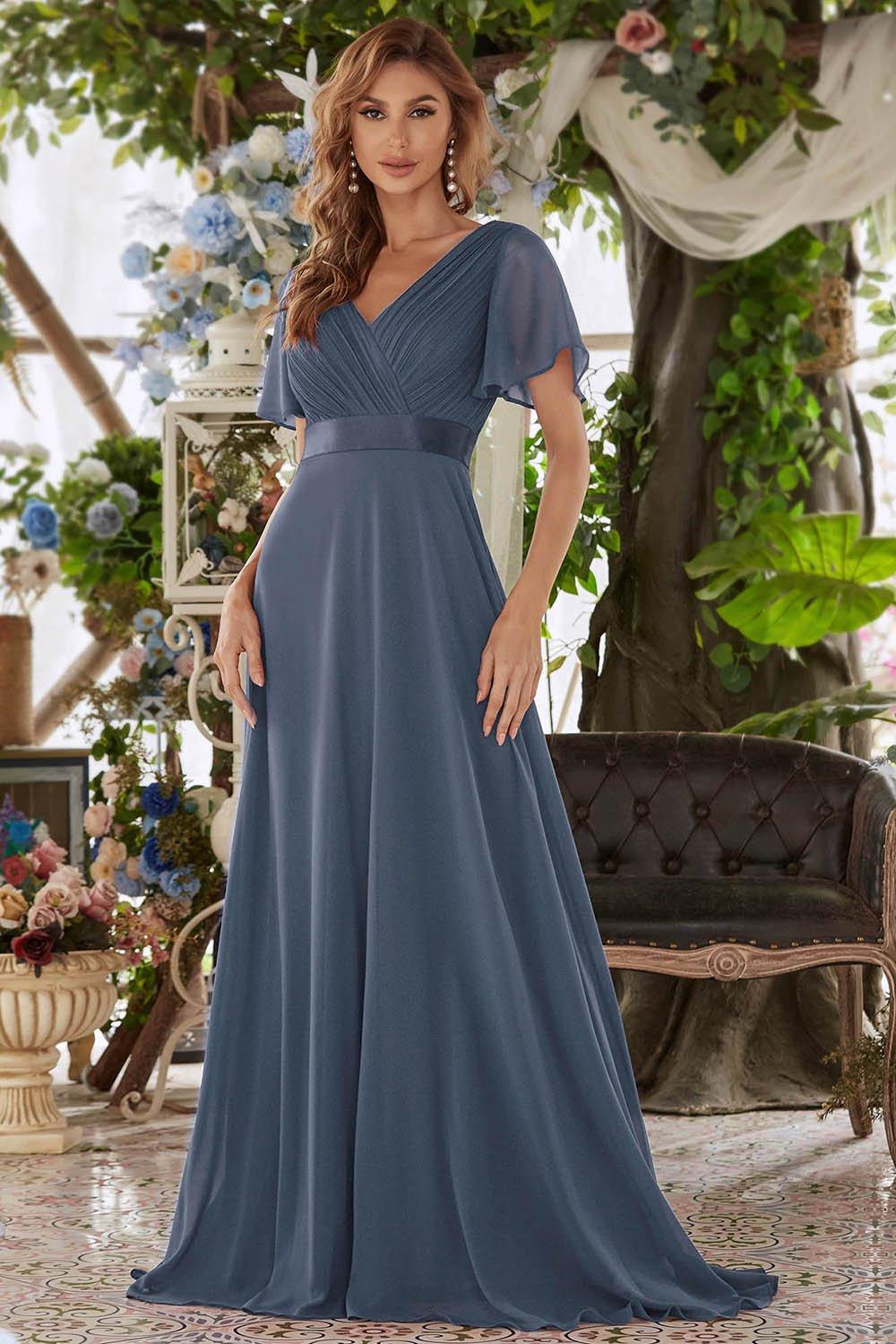 Dresses | Long Chiffon Empire Waist Bridesmaid Dress with Short Flutter ...