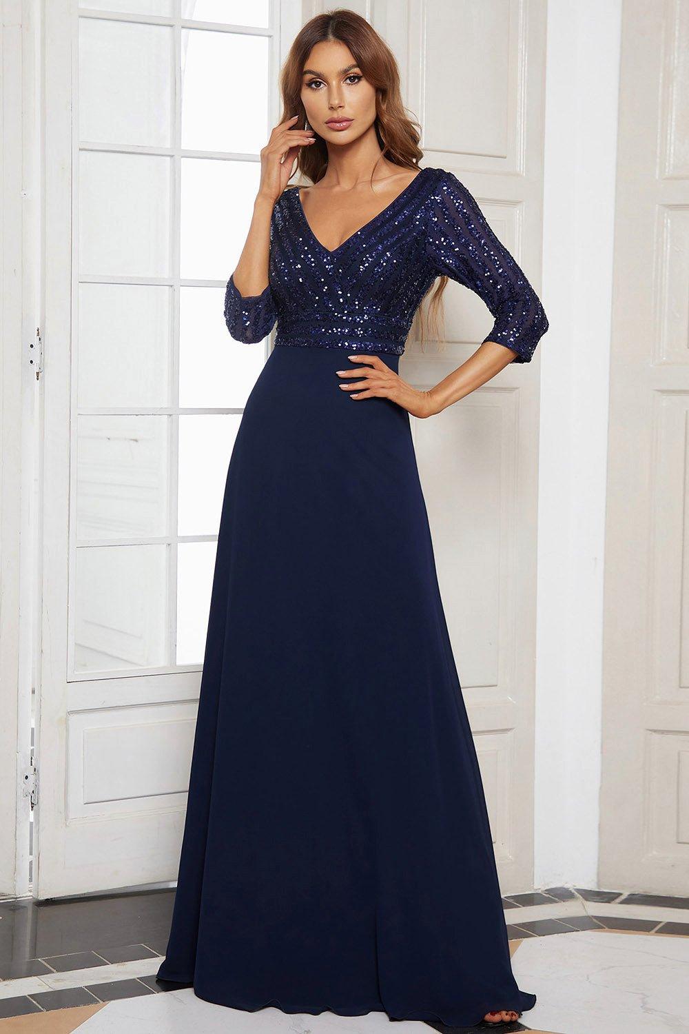 Sexy V Neck A Line Sequin Evening Dresses with 3 4 Sleeve