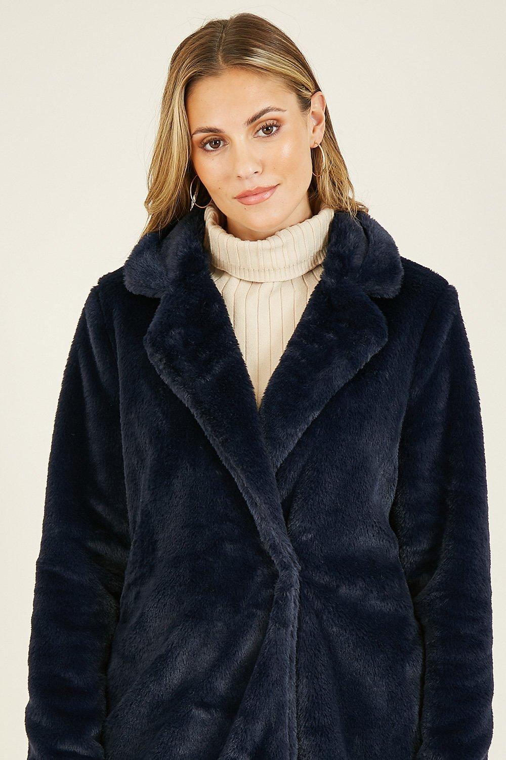 Navy faux clearance fur coat uk