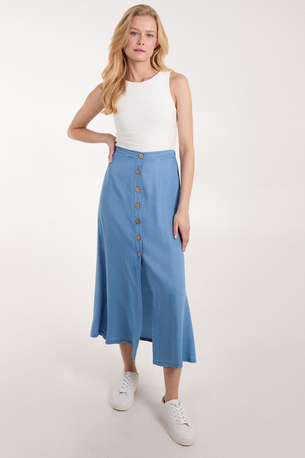 Skirts | Tencel Button Front Midi Skirt | Blue Vanilla