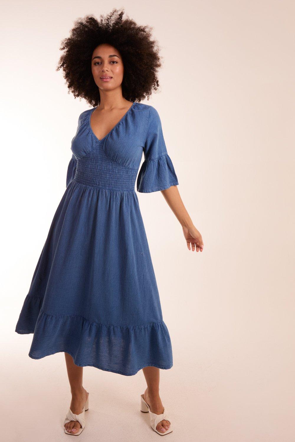 Dresses | V-Neck Shirred Midi Dress | Blue Vanilla