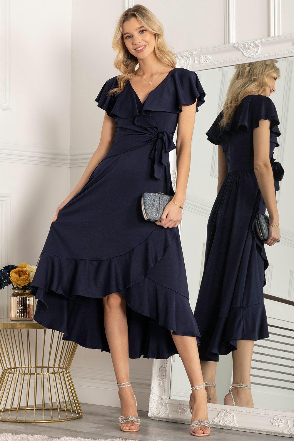 QUIZ Women's Satin Wrap Long Sleeve Frill Maxi Dress - Macy's