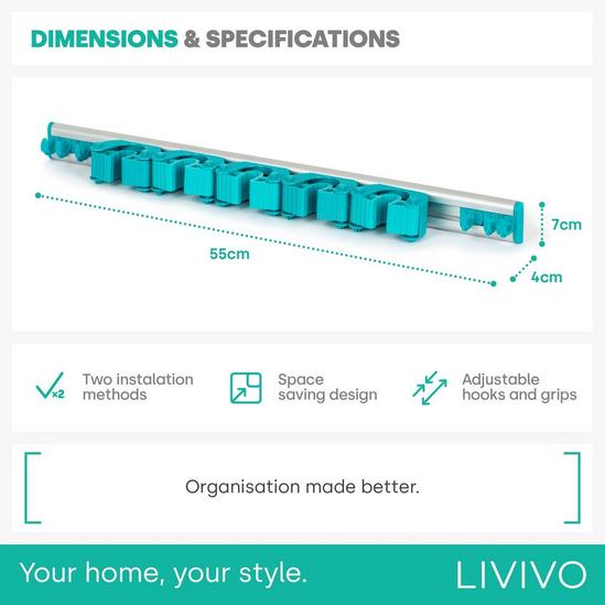 LIVIVO Mop & Broom Storage Holder - Wall Mounting Friction Grip & Adjustable Hook Rack 6