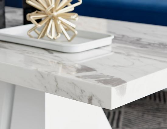 FurnitureboxUK Athens Luxury Matte White Marble Effect Coffee Table with Statement Triangular Structural Plinth Leg for Modern Minimalist Style 2