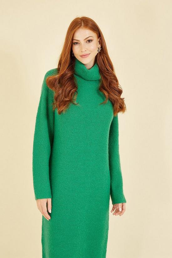 Yumi Green Roll Neck Knitted Midi Jumper Dress 3