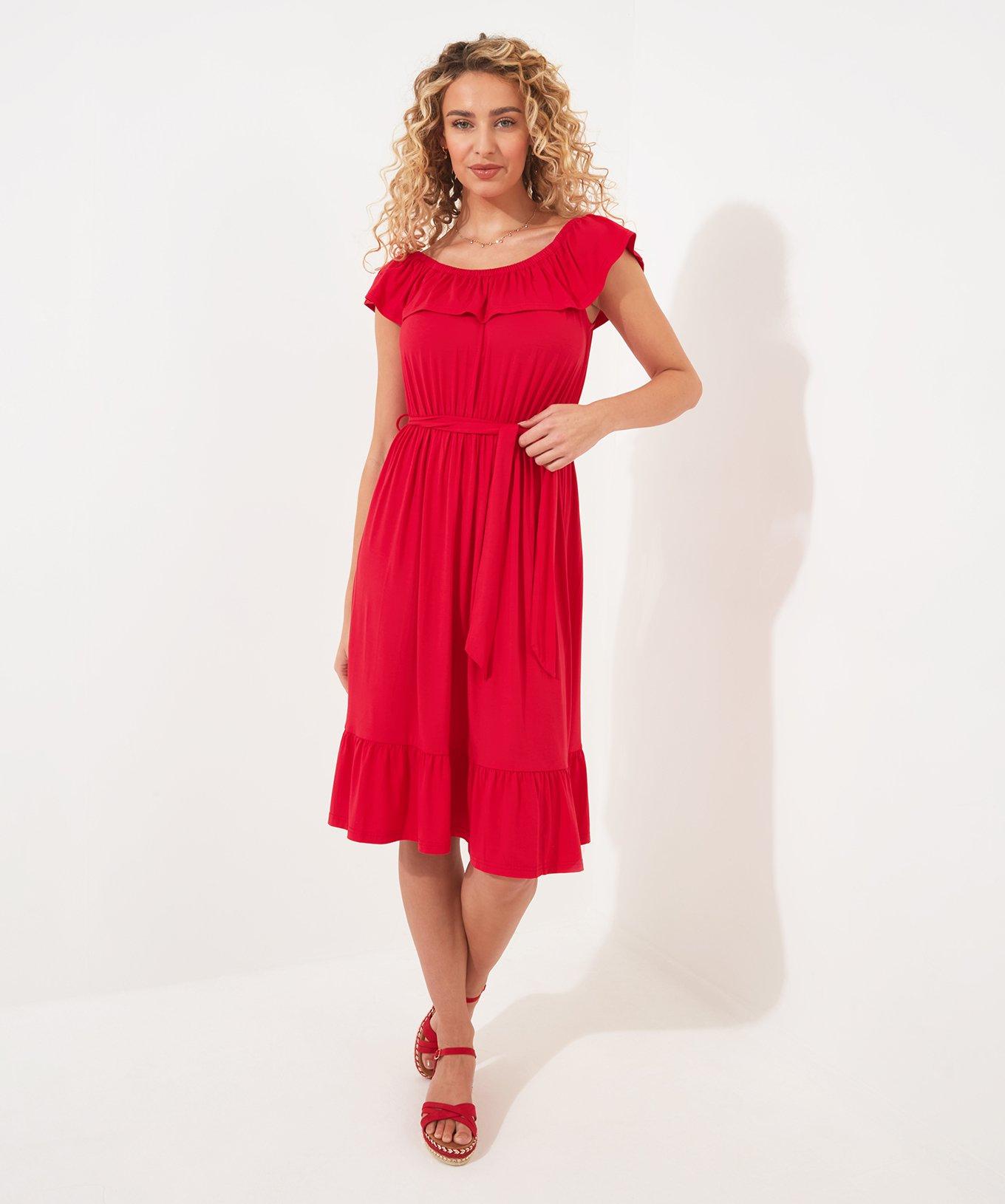 Dresses | Frilly Bardot Tie Waist Jersey Dress | Joe Browns