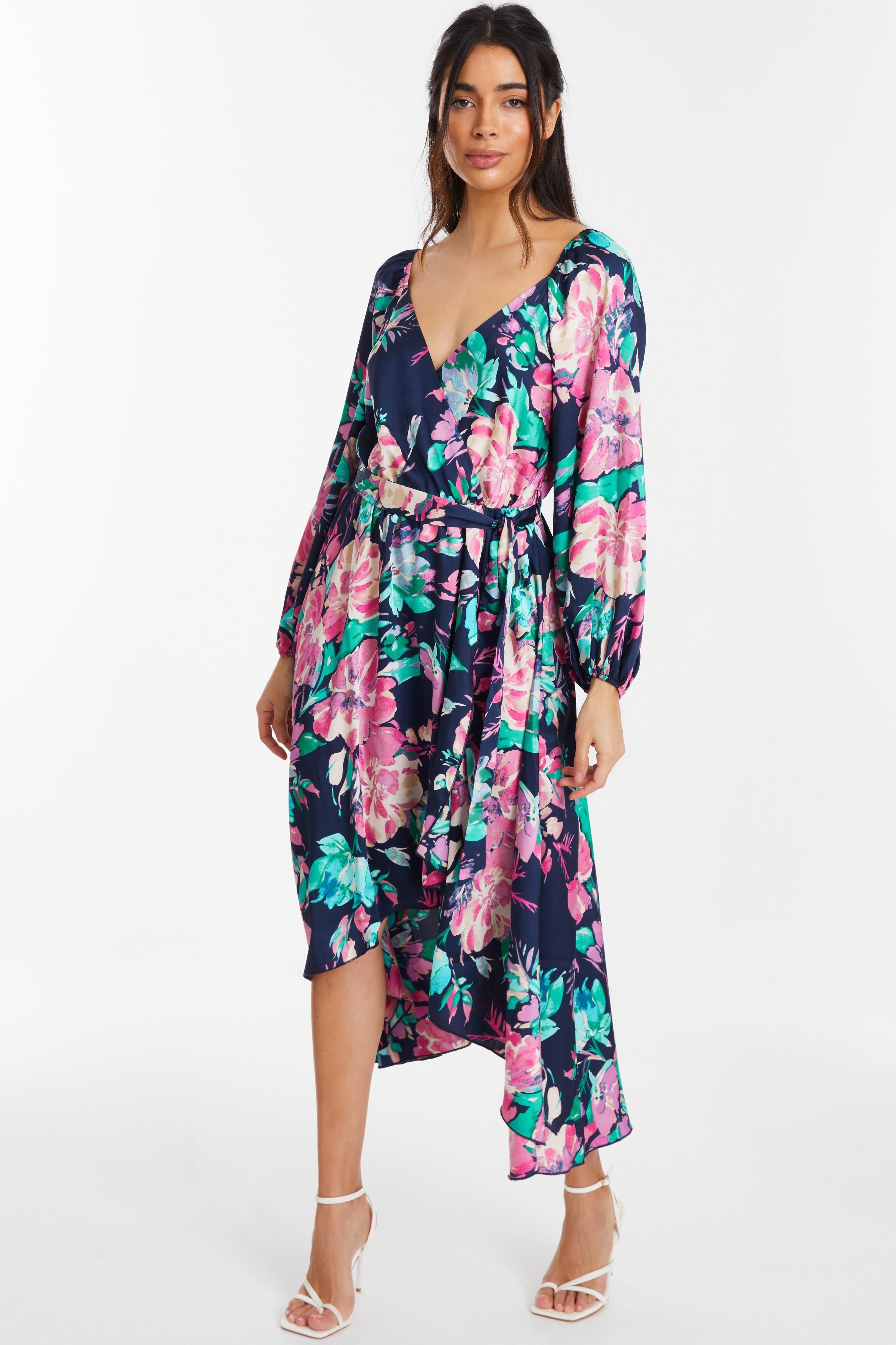 Dresses | Blue Satin Floral Wrap Dip Hem Midi Dress | Quiz