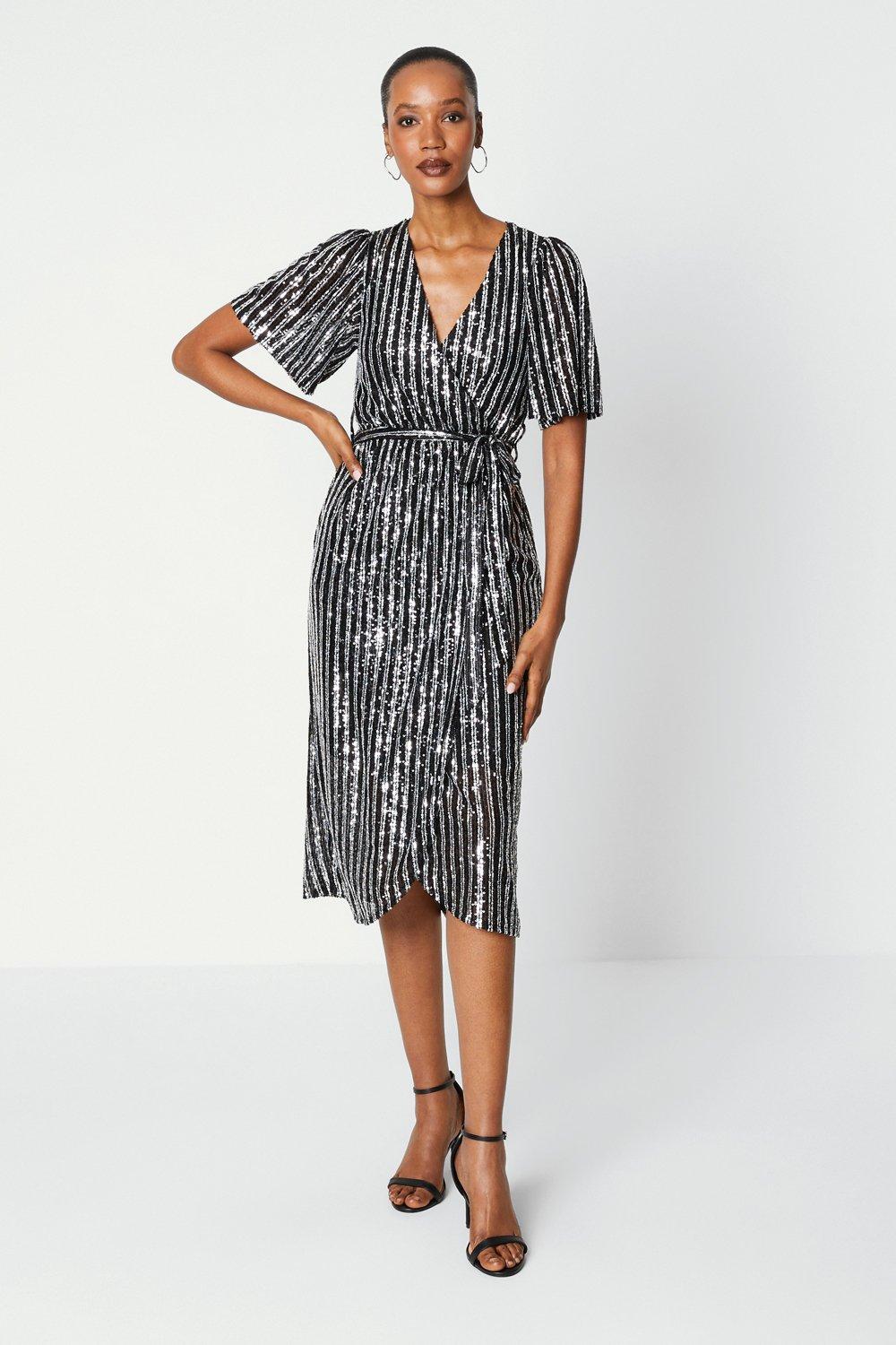 Sequin stripe wrap hot sale dress